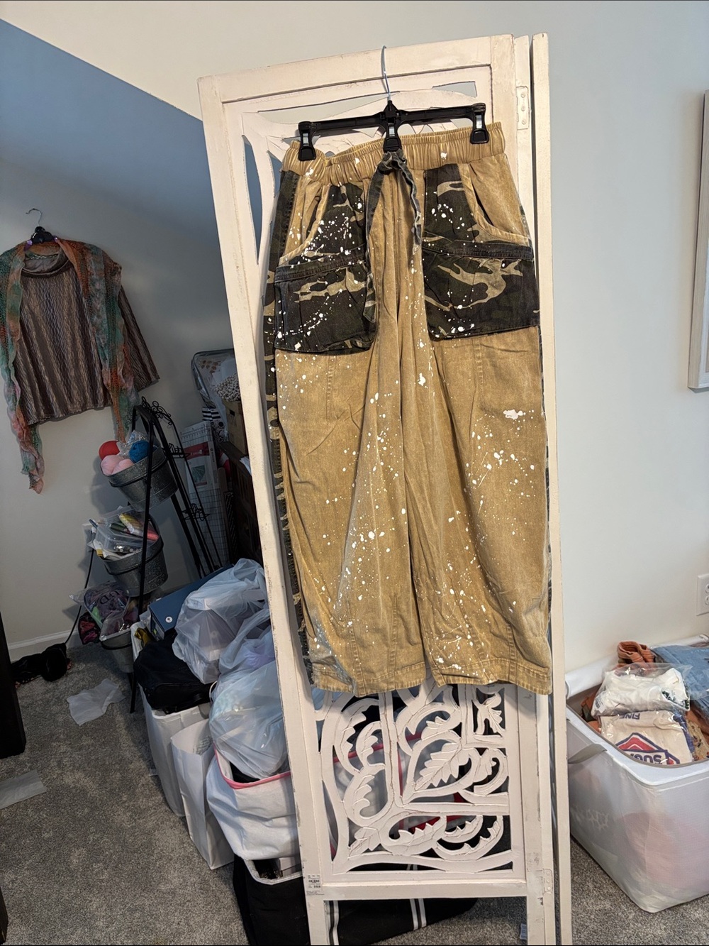 Tan Cargo Painter Pants with Camo Patch Pockets